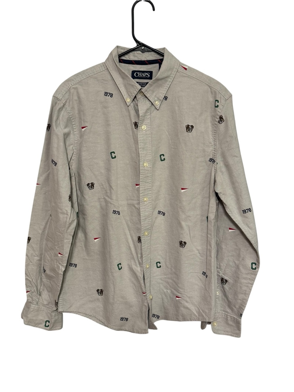 Chaps Light Gray Casual Button-Down Shirt with Embroidered Accents